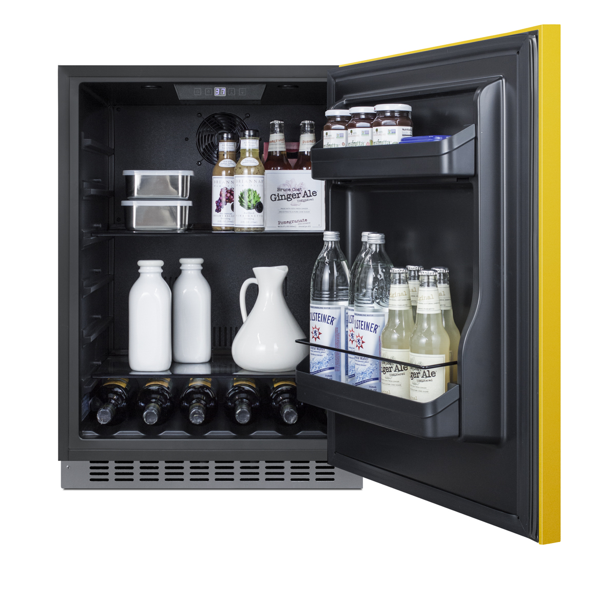 24 in. wide built-in undercounter ADA compliant all-refrigerator with saffron gold door, stainless steel handle and kickplate, and black cabinet